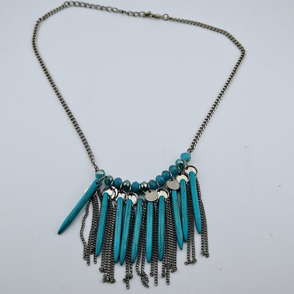 Turquoise & Silver Tone Beaded Tassel Statement Necklace Southwestern Cowgirl - Picture 3 of 4